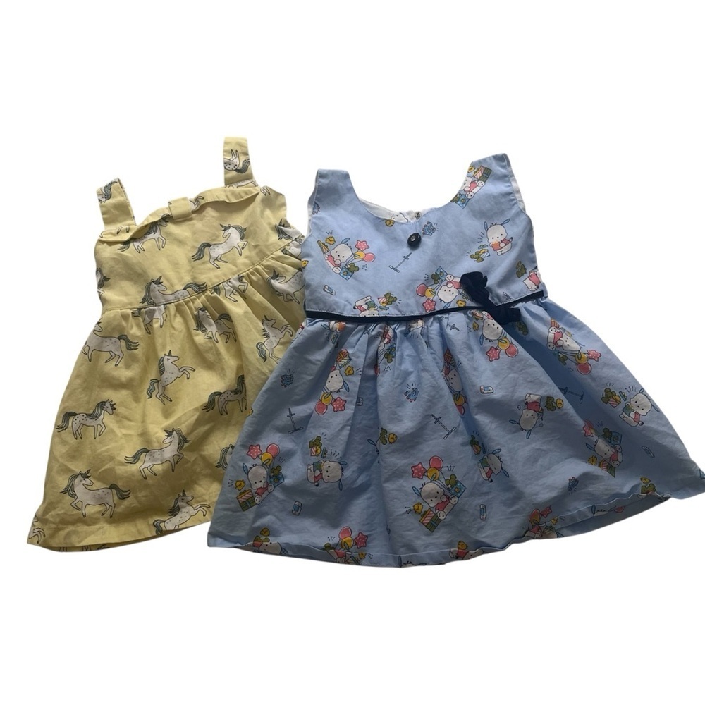 Lot (2) Baby Girl Dresses Blue Sanrio Pochacco Yellow Unicorns 12 Months